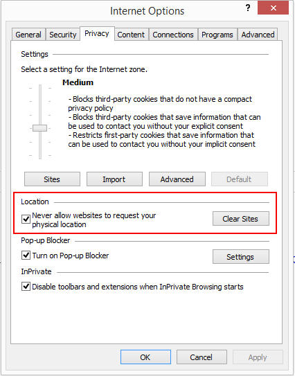 IE disable Geo location