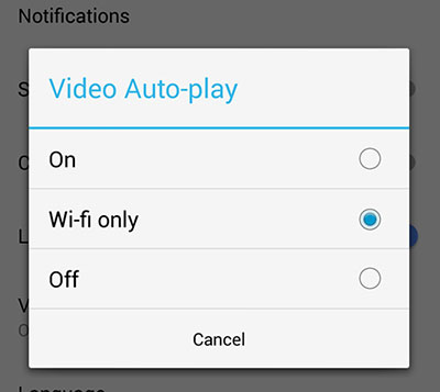facebook video auto play wi-fi only